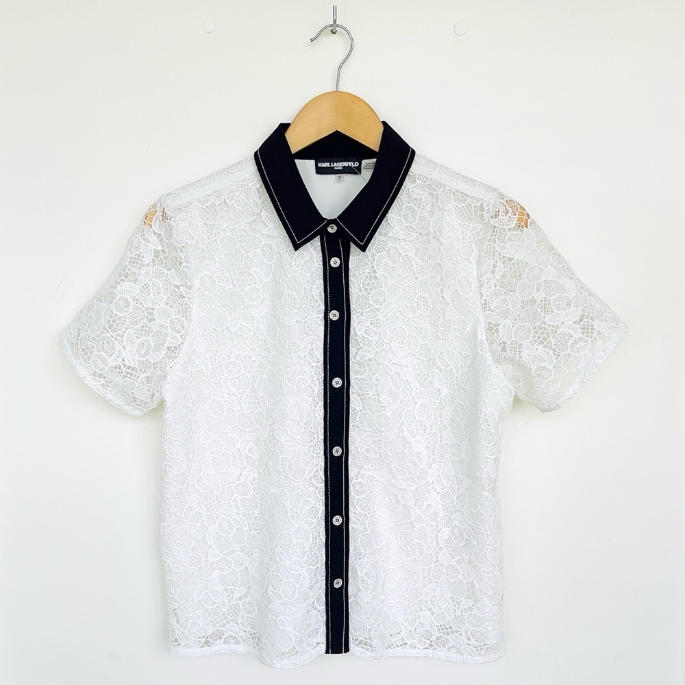 KARL LAGERFELD PARIS Lace Button-Up Blouse Contrast-Trim Point Collar - Picture 6 of 10